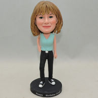 Personalized Woman Bobbleheads with green shirt and black jeans