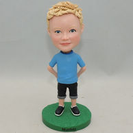 Custom Cute Boy Bobbleheadswith his hands behind blue T-shirt