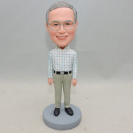Personalized Men Bobblehead with glasses in blue and white plaid shirt