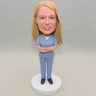 Custom girl bobblehead fold the hands on chest in blue clothes