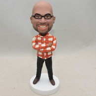 Personalized Men Bobblehea fold his arm with red and white plaid shirt