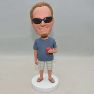Custom Men Bobblehead with blue shirt and blue and white stripe short