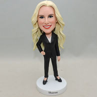 Peronalized business woman bobblehead with black suit and wavy hair
