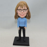 Shy girl bobblehead with glassesand blue shirt