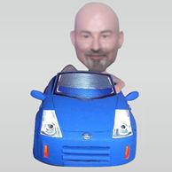 Personalized custom man and blue car bobbleheads