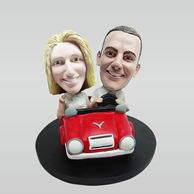 Personalized couple in red car bobble heads