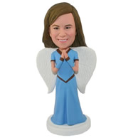 Custom superhero in blue suit with two white wings praying bobble heads
