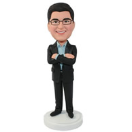 Custom mature men in black business suit having hands crossed before chest bobble heads