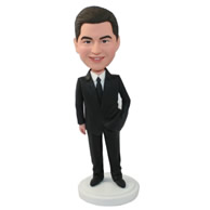 Custom mature men in black suit with red tie one hand in pocket bobble heads