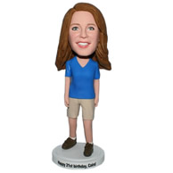 Custom leisure women in blue shirt with light tan shorts and noraml standing bobble heads
