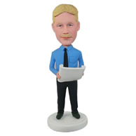 Custom a middle age boss in blue dress holding a roll of paper in hand bobble heads