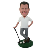 Custom golfer leaning on the golf club,hand on waist feet crossed sporting bobble heads