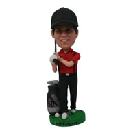 Custom men wearing black hat red shirt and suspender trousers playing golf bobble heads