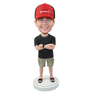 Custom wearing a Living Pool hat with two hands crosses in front of chest bobble heads