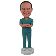 Custom male nurses in green suit arm across in front of chest bobble heads