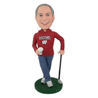 Custom golfer wearing Wisconsin red sweetshirt bobble heads