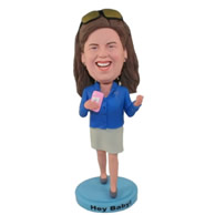 Custom women wearing nice sunglasses on head holding a pink phone in hand bobble heads