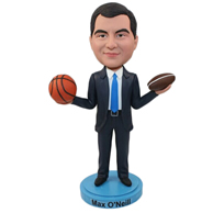 The suit man, left hand holding a football, right hand holding a basketball custom bobble heads