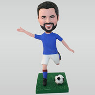 Man in blue shirt playing soccer ball custom bobbleheads