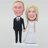 Groom in black suit and his bride in white wedding dress custom bobbleheads