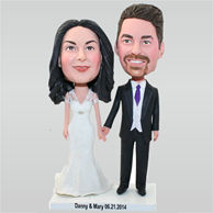 Groom in black suit and slim bride in white wedding dress custom bobbleheads