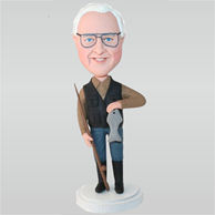 Fishing man in black waistcoat holding a fish custom bobbleheads