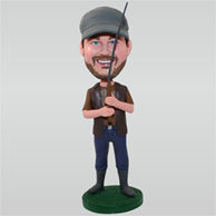 Fishing man in brown waist coat holding a fishing rod custom bobbleheads