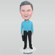 Business man in blue shirt holding a bag custom bobbleheads