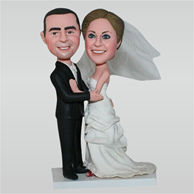 Groom in black suit and bride in white wedding dress custom bobbleheads