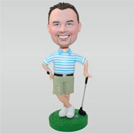 Man in blue T-shirt matching with green pants playing golf custom bobbleheads