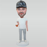 Man in white T-shirt holding a cup custom bobbleheads