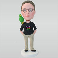 Man in black shirt with his green parrot custom bobbleheads