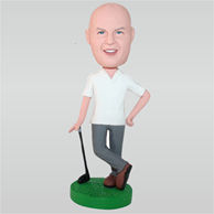 Man in white T-shirt holding on a golf club custom bobbleheads