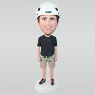 Man in black T-shirt wearing a mountain climbing helmet custom bobbleheads