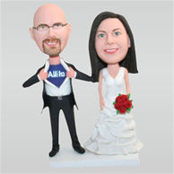 Groom in blue T-shirt and bride in white wedding dress custom bobbleheads