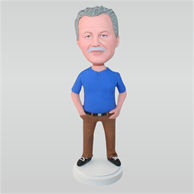 Man in blue shirt matching with brown pants custom bobbleheads