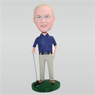 Man in blue shirt playing golf custom bobbleheads