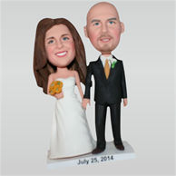 Groom in black suit and bride in white wedding dress custom bobbleheads