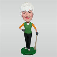 Woman in green waistcoat holding a baseball bat custom bobbleheads