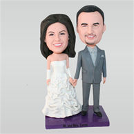 Groom in grey suit and bride in white wedding dress custom bobbleheads