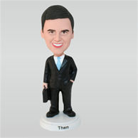 Business man in black suit holding portfolia custom bobbleheads