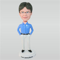 Glasses man in blue shirt matching with white pants custom bobbleheads